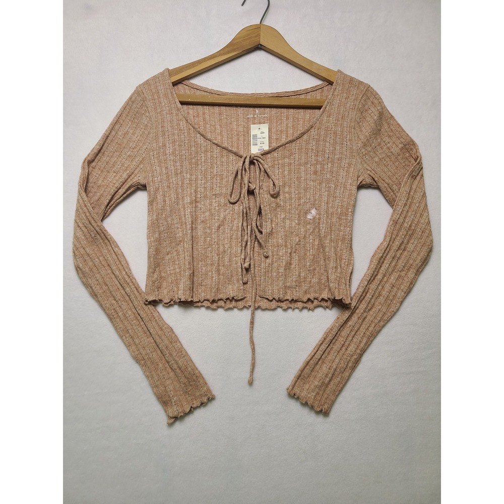 NWT! Aeropostale S Crop Top Boho Ribbed Tie Front Tan Sweater Cottage Indie Y2K